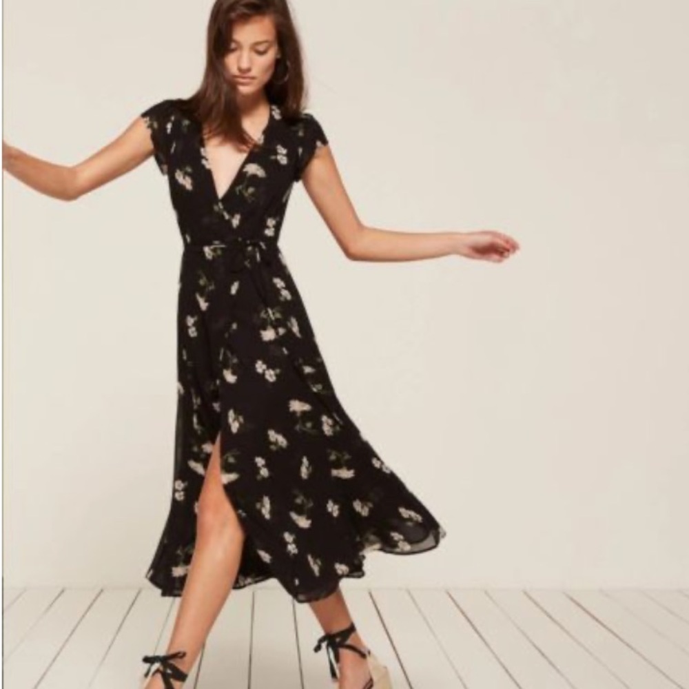 Reformation Carina Wrap Midi Dress Celeste Black Floral M